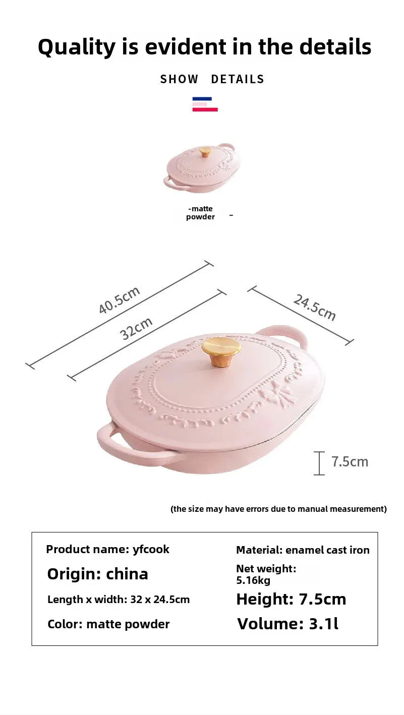 French Romantic Pink Kitchen Enamel Pot Embossed Elliptical Cast Iron Pots Home Stew Pot Grilled Fish Induction Cooker Soup Pots