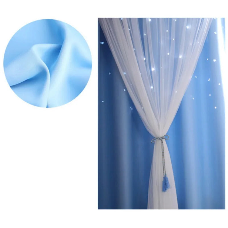 Double-Deck Princess Curtains for Living Room Hollow Stars Lace Curtain for Bedroom Shade Curtain Tulle Cloth