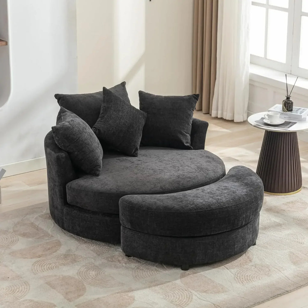 Swivel Book Nook Chair with Storage Ottoman and 4 Movable Pillow Backrest, 360° Rotating Round Barrel Sofa Chair