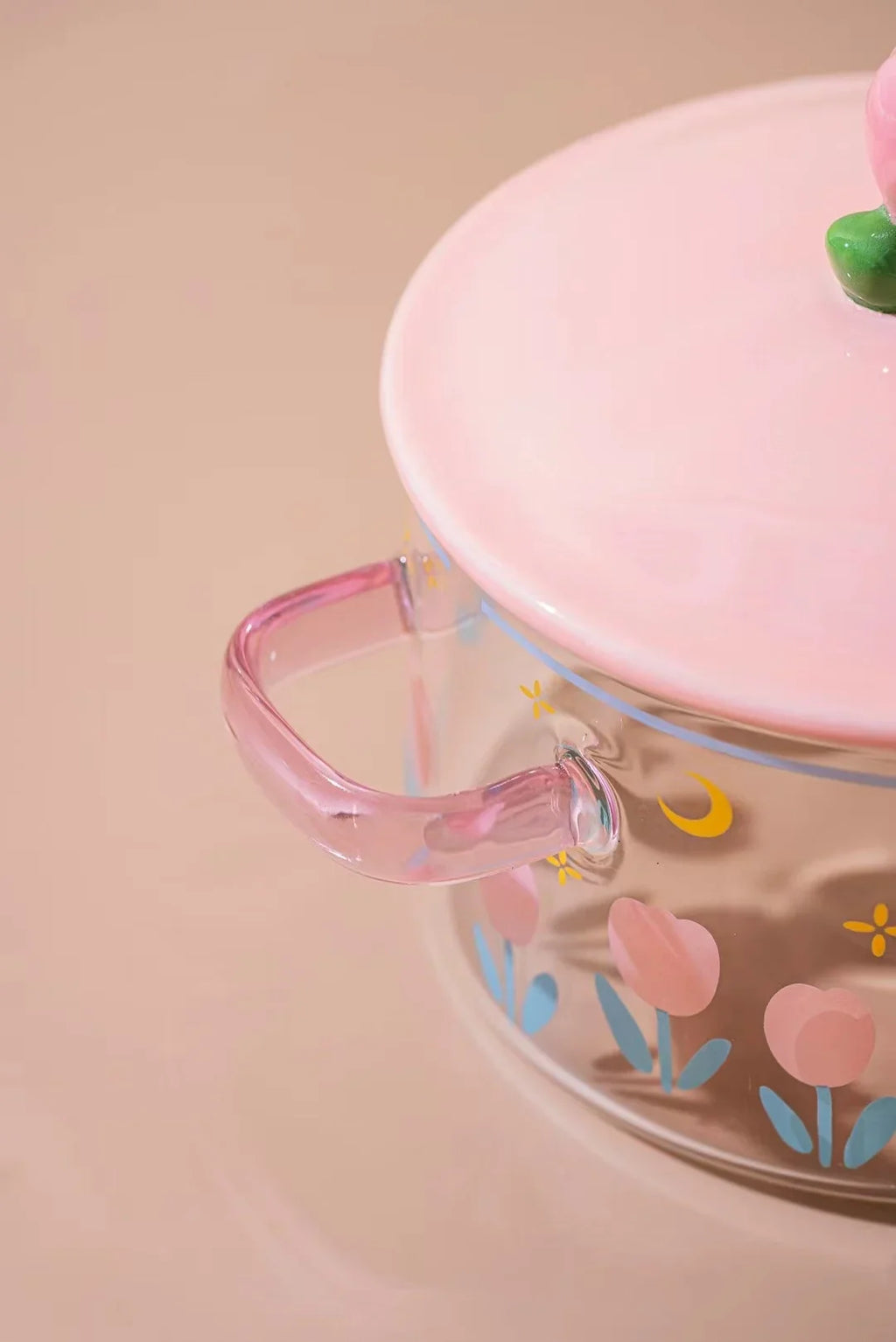 Pink Flower Instant Noodles Glass Pot Can Be Heated Soup Pot Double Ears Salad Bowl Covered with a Large Capacity Bowl