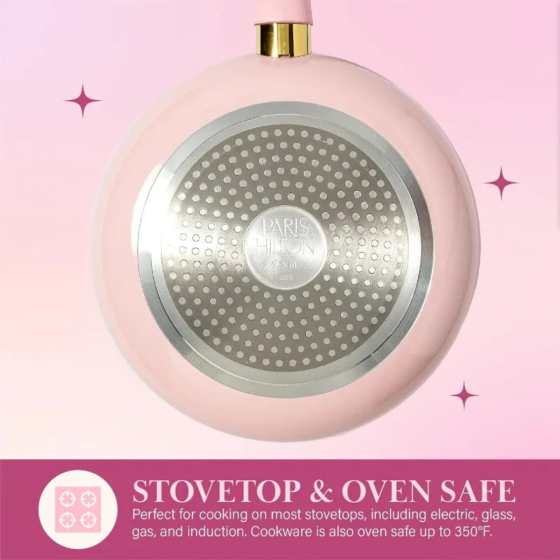 Paris Hilton Epic Nonstick Pots and Pans Set, Multi-layer Nonstick Coating, Tempered Glass Lids, Soft Touch, 12-Piece, Pink