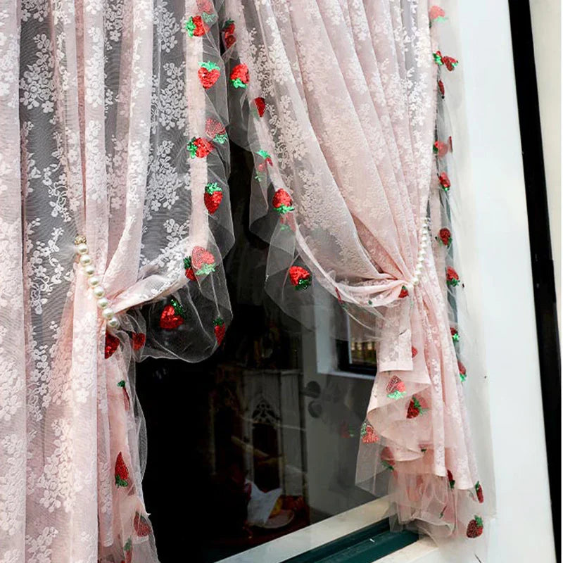 French Pink Lace Cute Strawberry Sequin Lace Curtains