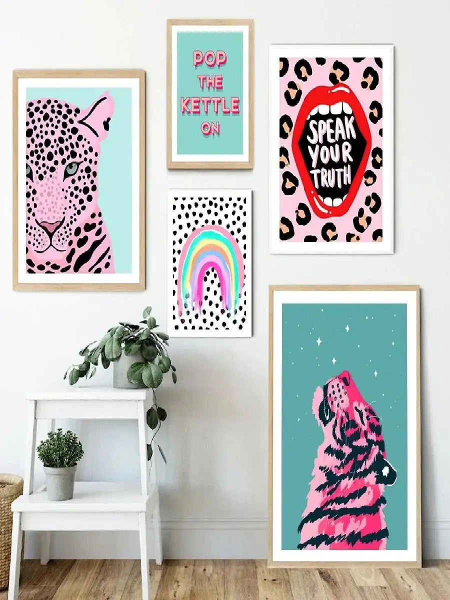 Classic Abstract Wall Art  Pink Leopard Lips HD Canvas Oil Painting Poster for Bedroom  Living Room Decor Modern Prints