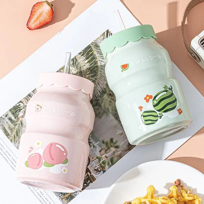 Fruit Pattern 500ML Beverage Cups with Lids and Straws