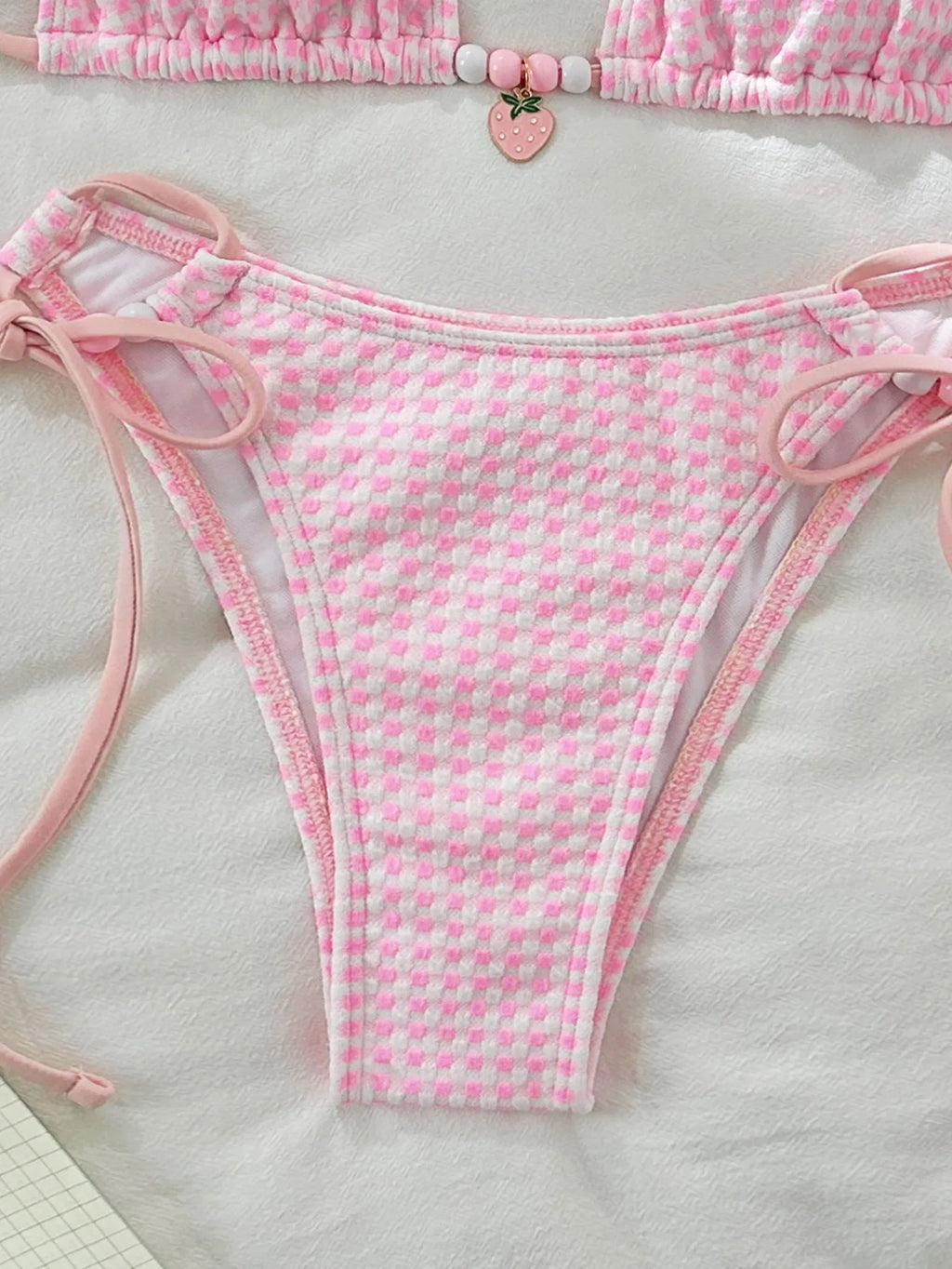 Sexy Pink Plaid Bikinis Sets Women Bead String Strap Push Up Drawstring Side Thong Swimsuit