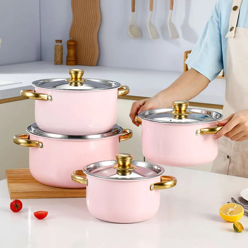 Stainless Steel Pink Pot Set, Gold Handle, Universal For Induction Cooker And Gas Stove, Suitable For Kitchen Cooking