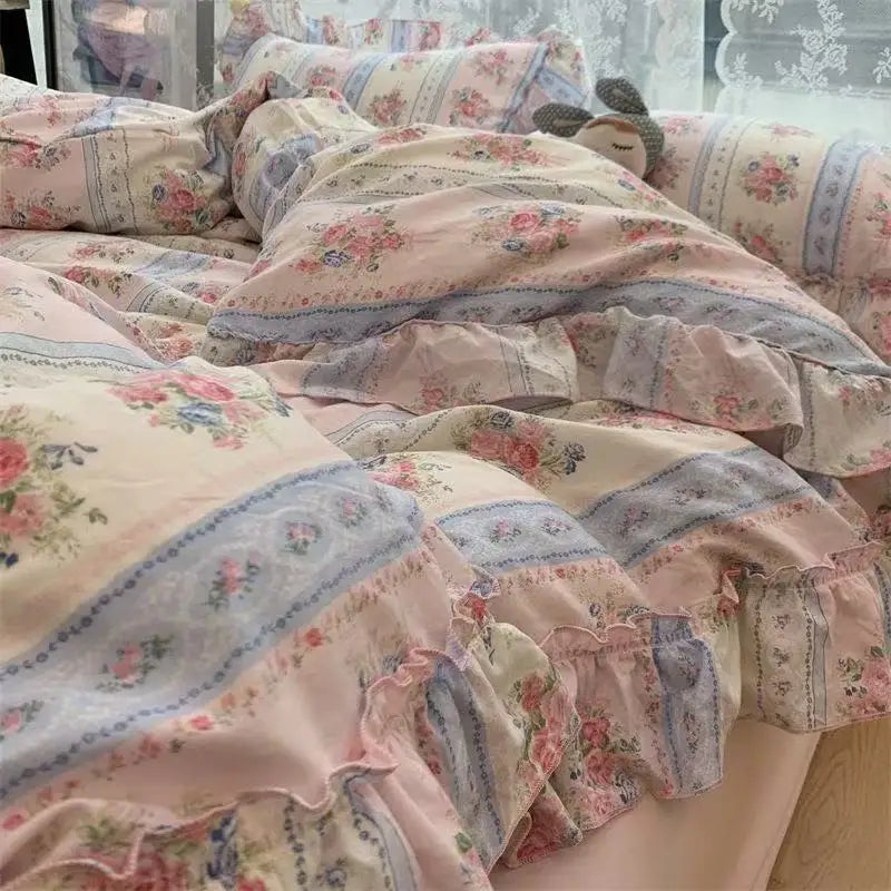 Princess Floral Bedding Set Washed Cotton Vintage French Flowers Lace ruffles Duvet Cover Set Pillowcase