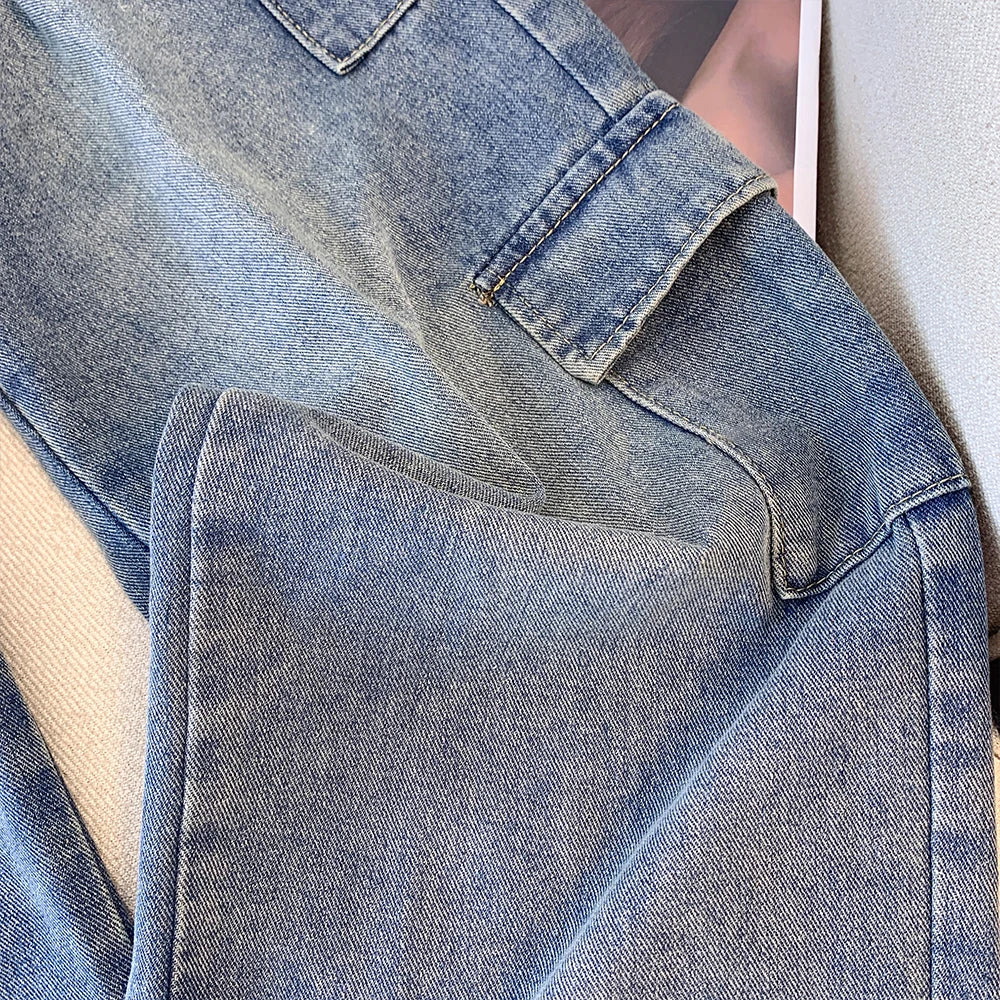 Street Style Plus Size Jeans Women's Casual Pants Gray All-In-One Overalls Multi-Pocket Commuter Denim Pants