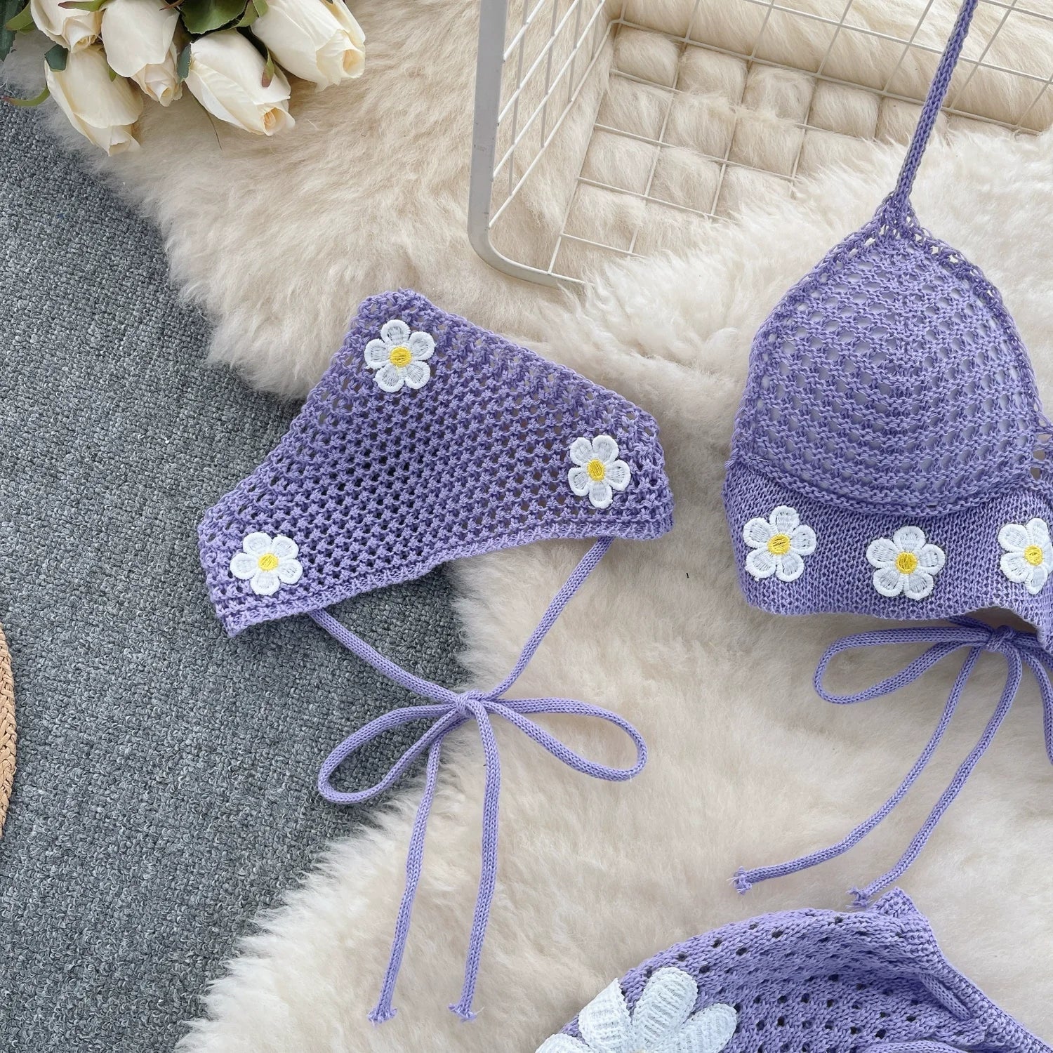 Hollow Out Knitted Suits Women Halter Lace Up Bow Backless Tank Top+Drawstring Split Mini Skirt Two Pieces Sets