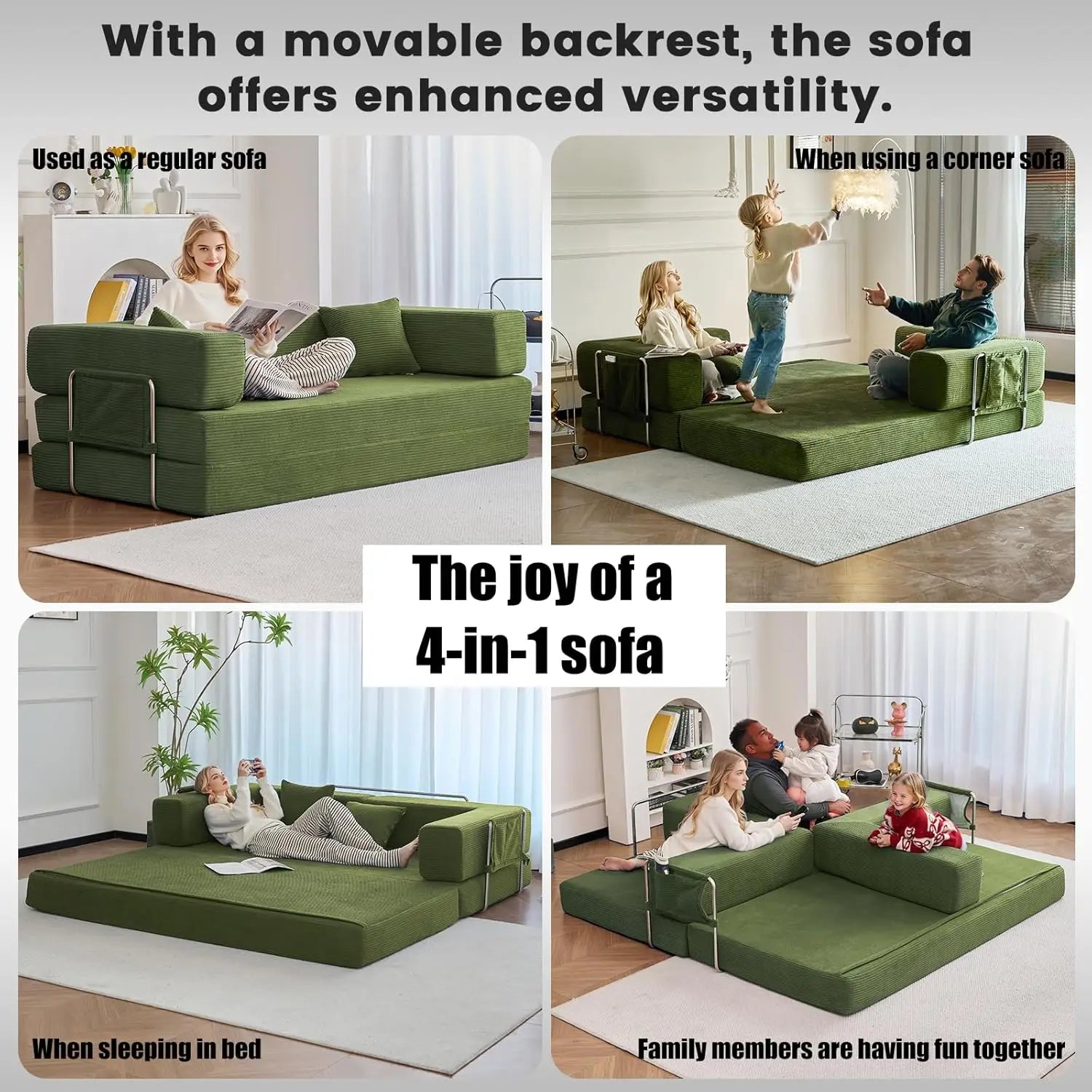 Combination Modular Sofa Living Room Folding Sofa Bed Convertable Corduroy Couch Floor Sleeper 4-in-1 Comfy Foldable Lazy