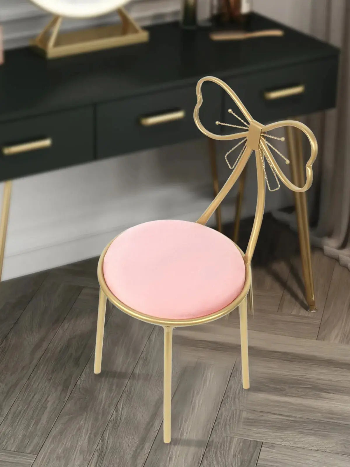 Vanity Stool Chair for Makeup Modern Velvet Butterfly Accent Chair Pink Cute Girls Bow Knot Backrest Chair  Home Decor