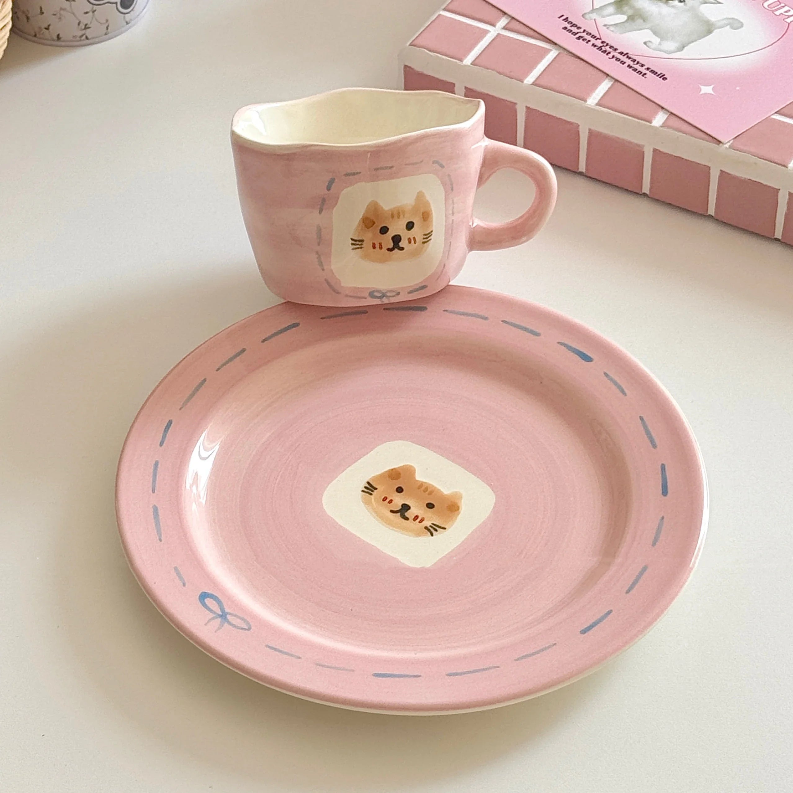 Cute Pink Hand Drawn Ceramic Line Bows 7.9 Inches Serving Plates