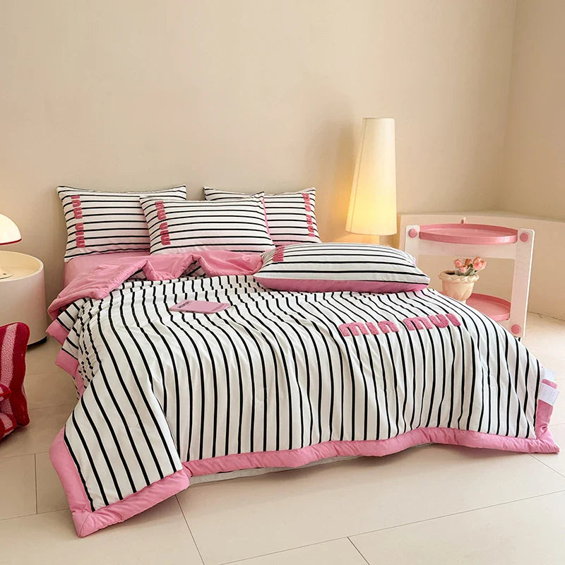 Stripe Quilt set Pink And White Bedding Set with Flat Sheet Set Soft  Fluffy Embroidery Quilt Set