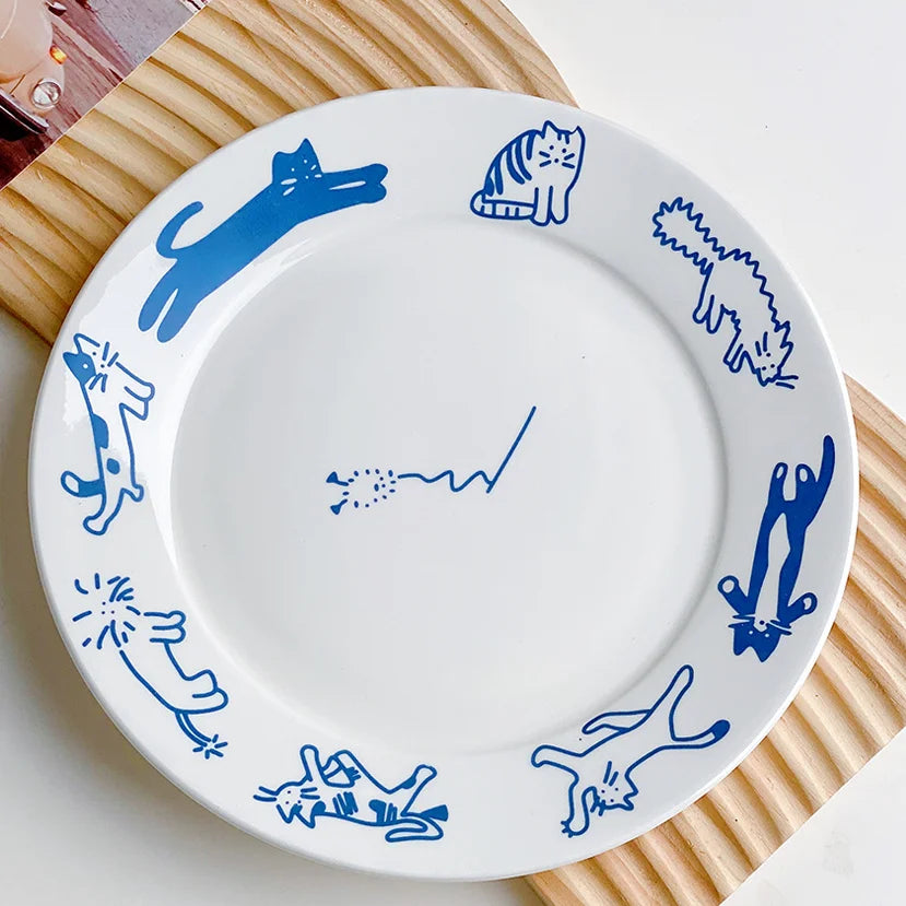 Cute Cat and Dog Ceramic Dessert Plate Cake Western Flat Plate Pasta Fruit Disc Dinner Set Plates and Dishes