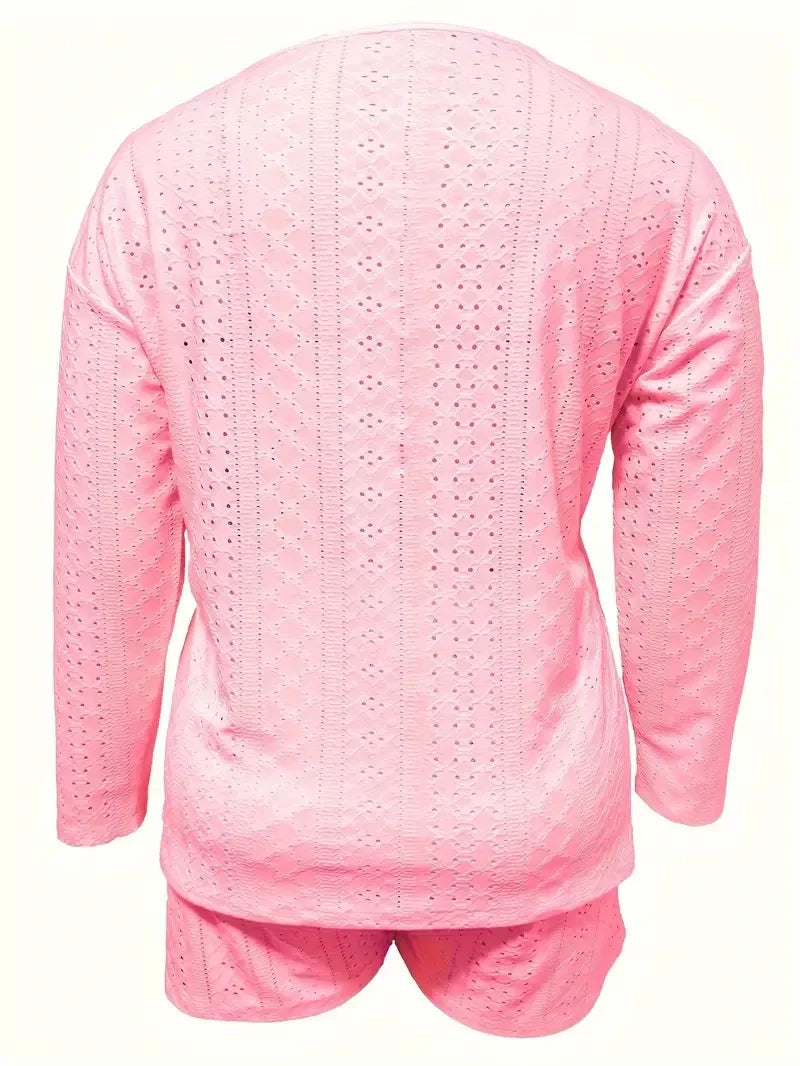 Plus Size Eyelet Casual Shorts Set, Crew Neck Long Sleeve Top & Shorts Outfits, Women's Plus Size Clothing