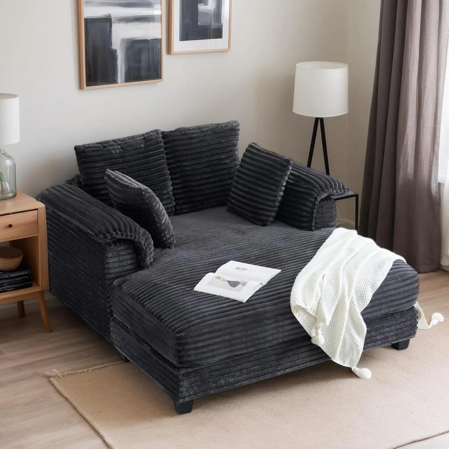 Oversized 56" Chaise Lounge Chair, Beige Comfy Corduroy Chaise Sofa Recliner Bed Upholstered Sleeper Couch Bed with Throw Pillows