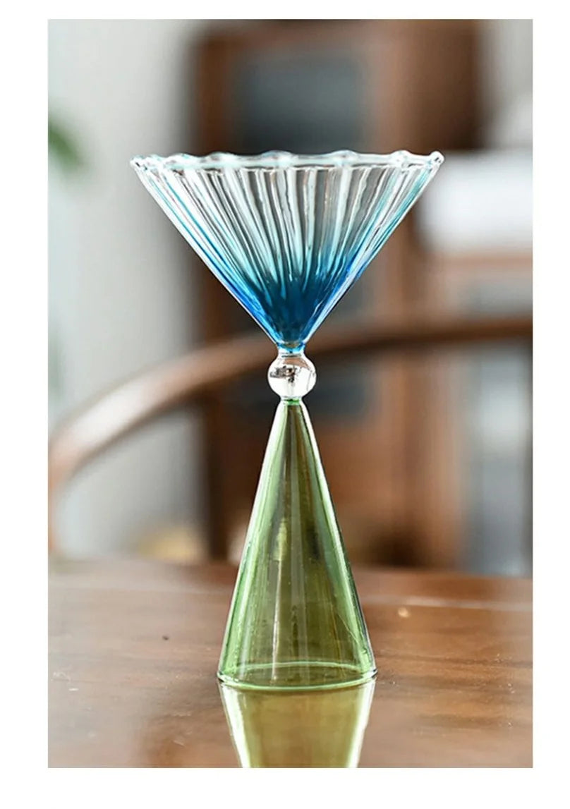 Clear Two Tone Green Blue Amber Purple Colored Ripple Style Martini Mojito Champagne Margarita Cocktail Glasses Goblet Cup