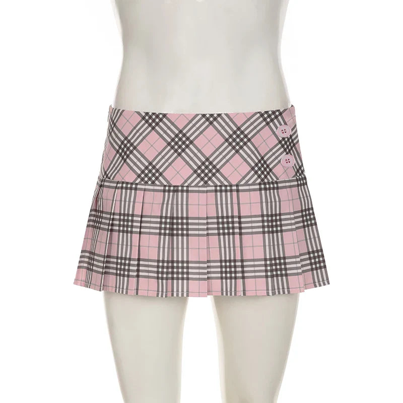 Cute  Preppy Style Chic Plaid Skirt - Buttons Cute Pleated Bottoms for Women Fashion Kawaii Mini Skirts
