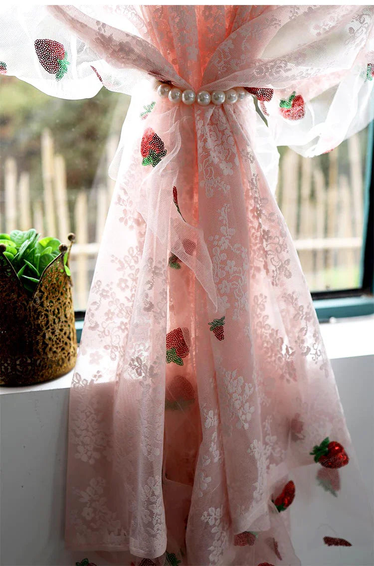 French Pink Lace Cute Strawberry Sequin Lace Curtains
