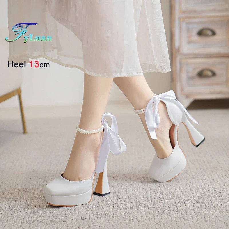 Fashion Super High Heels Sandals Bow Buckle Square Head Heels Ladies Shoes
