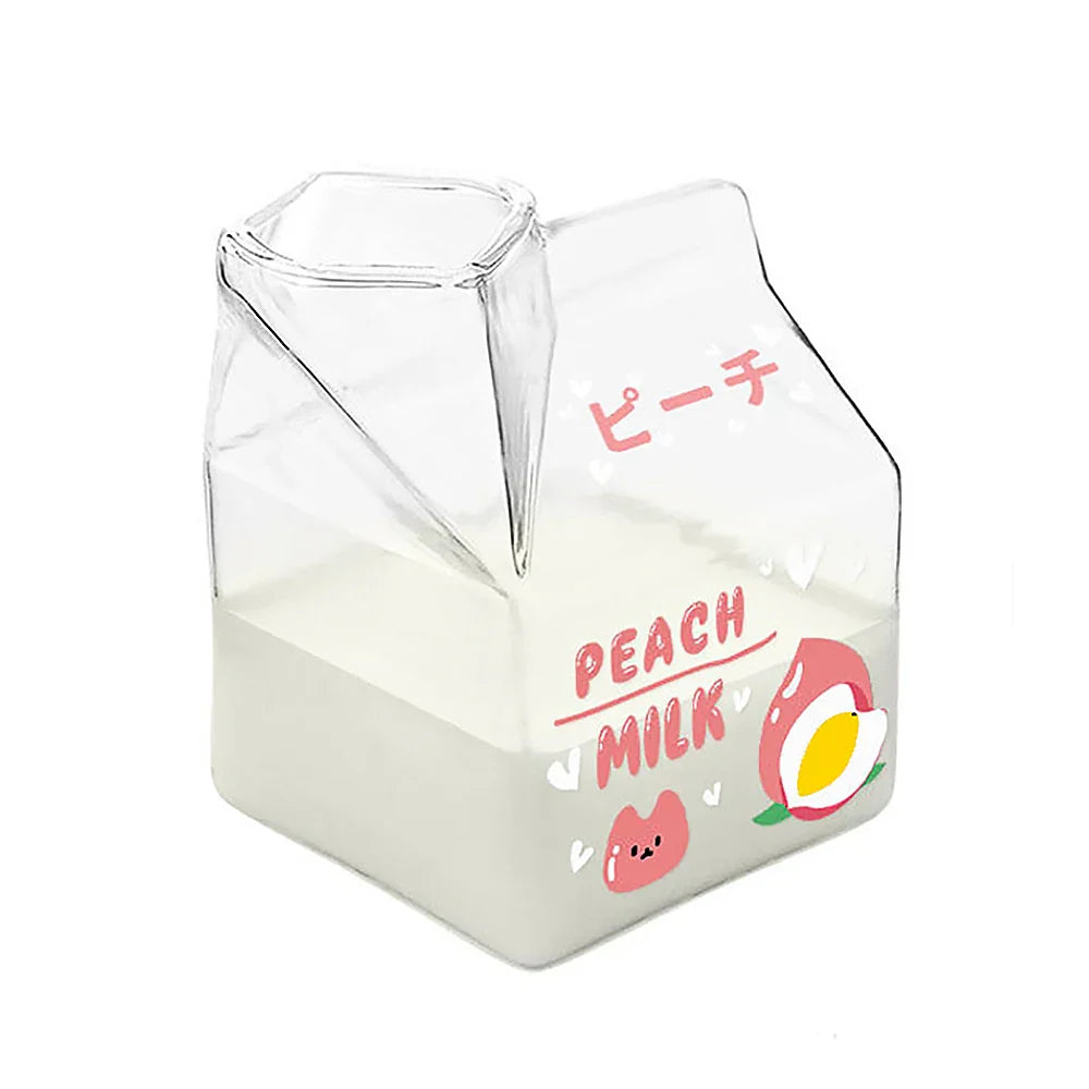Square Glass Cup Heat Resistant Cute Cartoon Cup Kawaii Milk Juice Mug Bottle Box 380ml