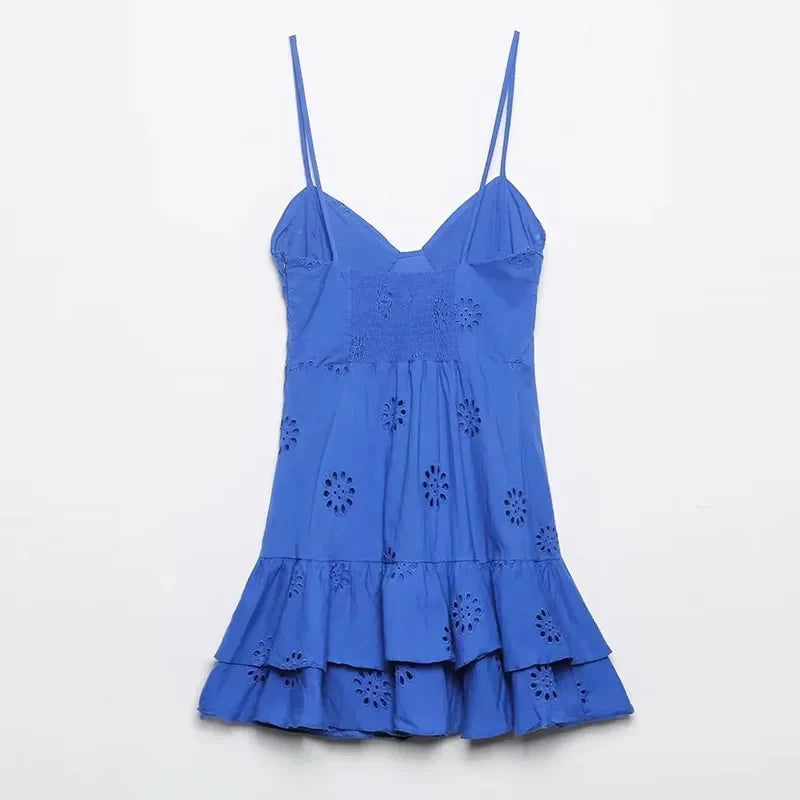 Sling Mini Dress Women Summer Side Zipper Slim Vintage Backless Elastic Thin Straps Female Blue Dress
