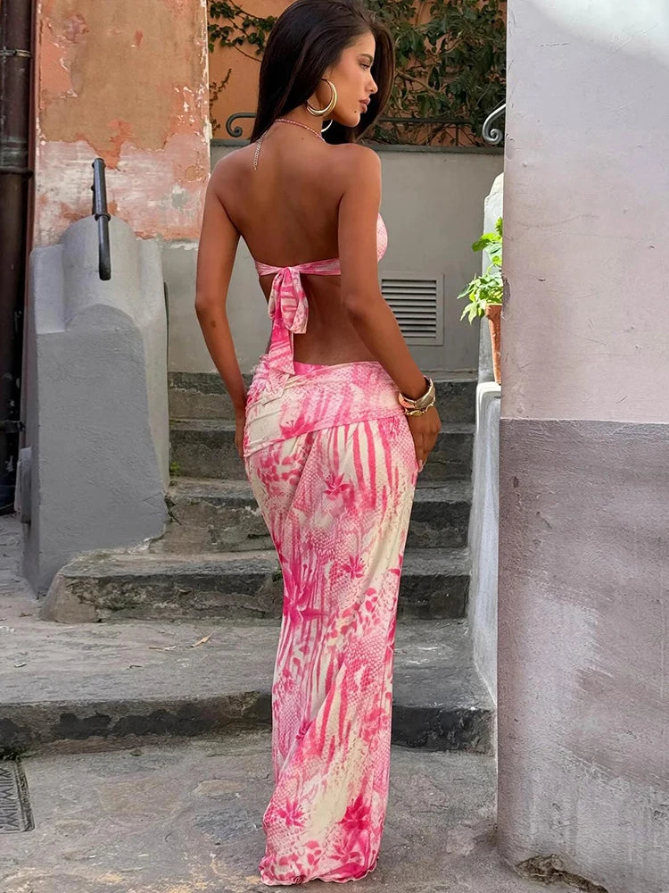 Fashion Patchwork 2 Piece Set Women Pearls Necklace Halter Applique Crop Tops+Skinny Skirt Set