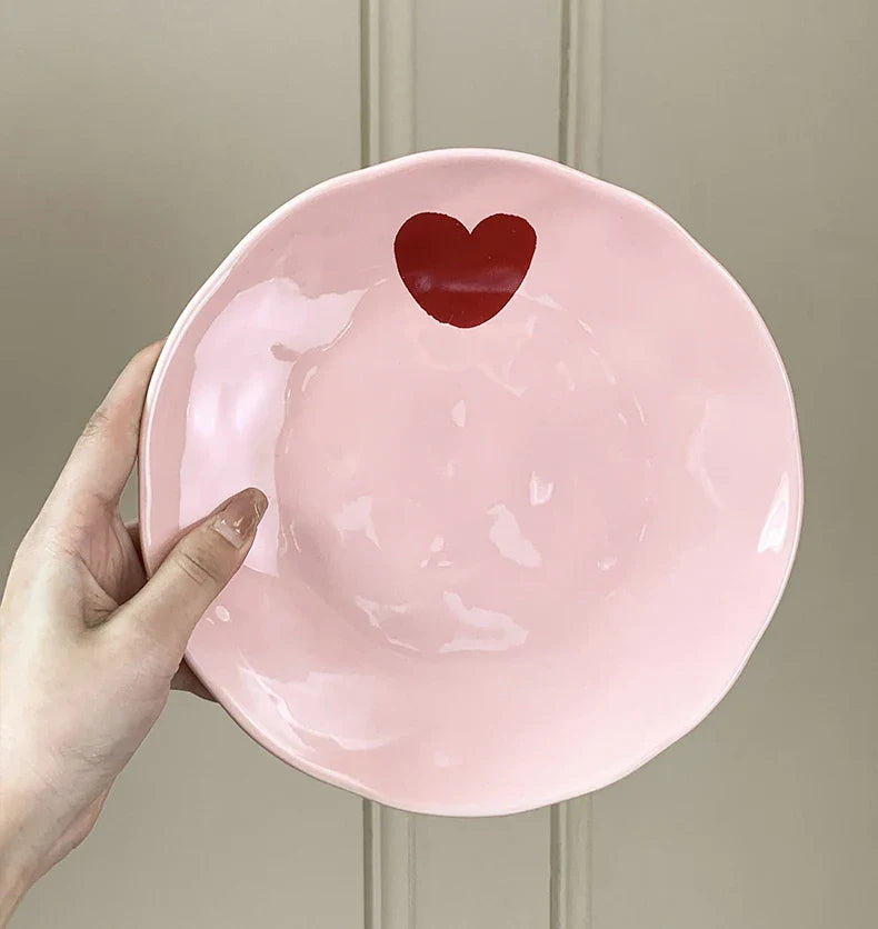 Pink Heart Pattern Ceramic Plate l Cup Bowl Dinner Tableware