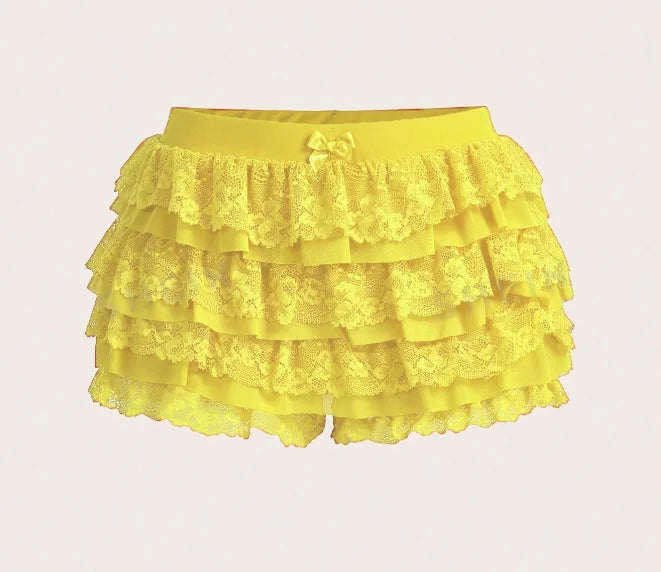 Women's Sweet Bow Lace Ruffles Shorts  Aesthetic 2000s Elastic Waist Short