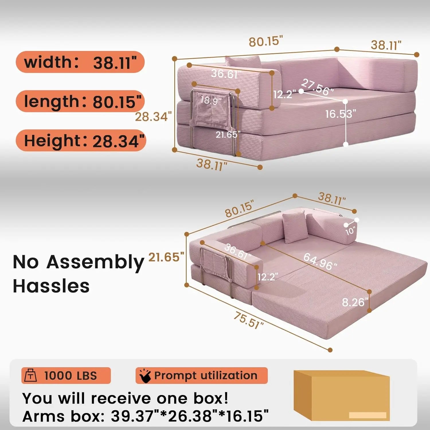 Combination Modular Sofa Living Room Folding Sofa Bed Convertable Corduroy Couch Floor Sleeper 4-in-1 Comfy Foldable Lazy