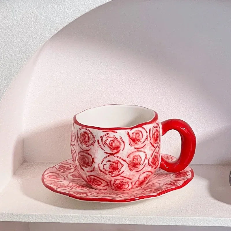 Ceramic Coffe Mug Hand Pinched Irregular Hand-painted Love Heart Cherry Pattern Cup with Saucer