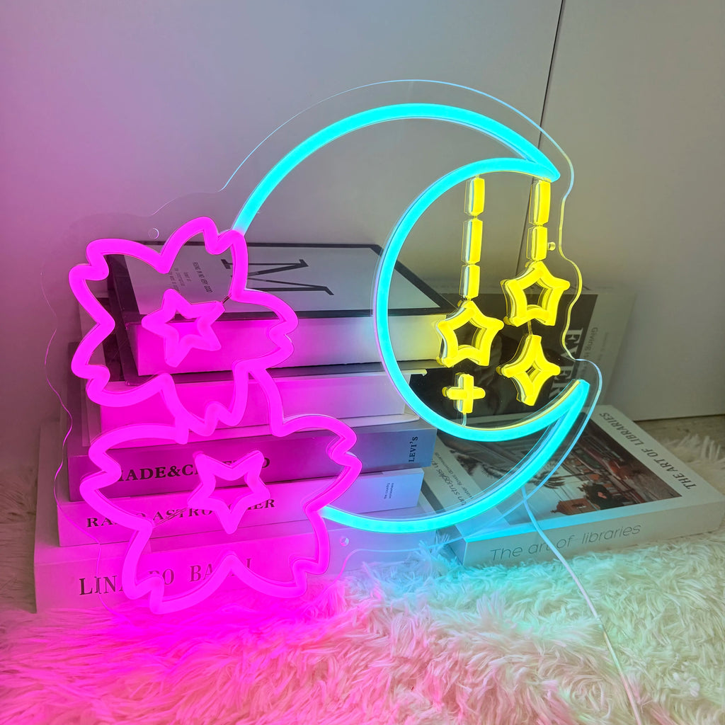 Sakura and Moon Neon Sign, Cherry Blossom