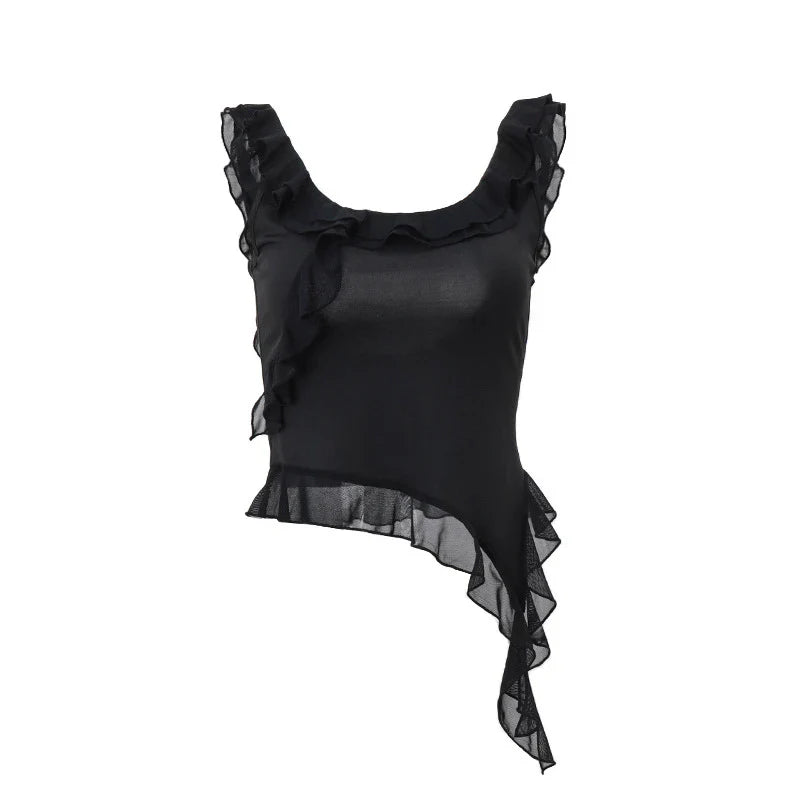 Fashion O-neck Sleeveless Tank Top Sexy Ruffles Backless Irregular Crop Tops  Summer Casual Streetwear Women Camis