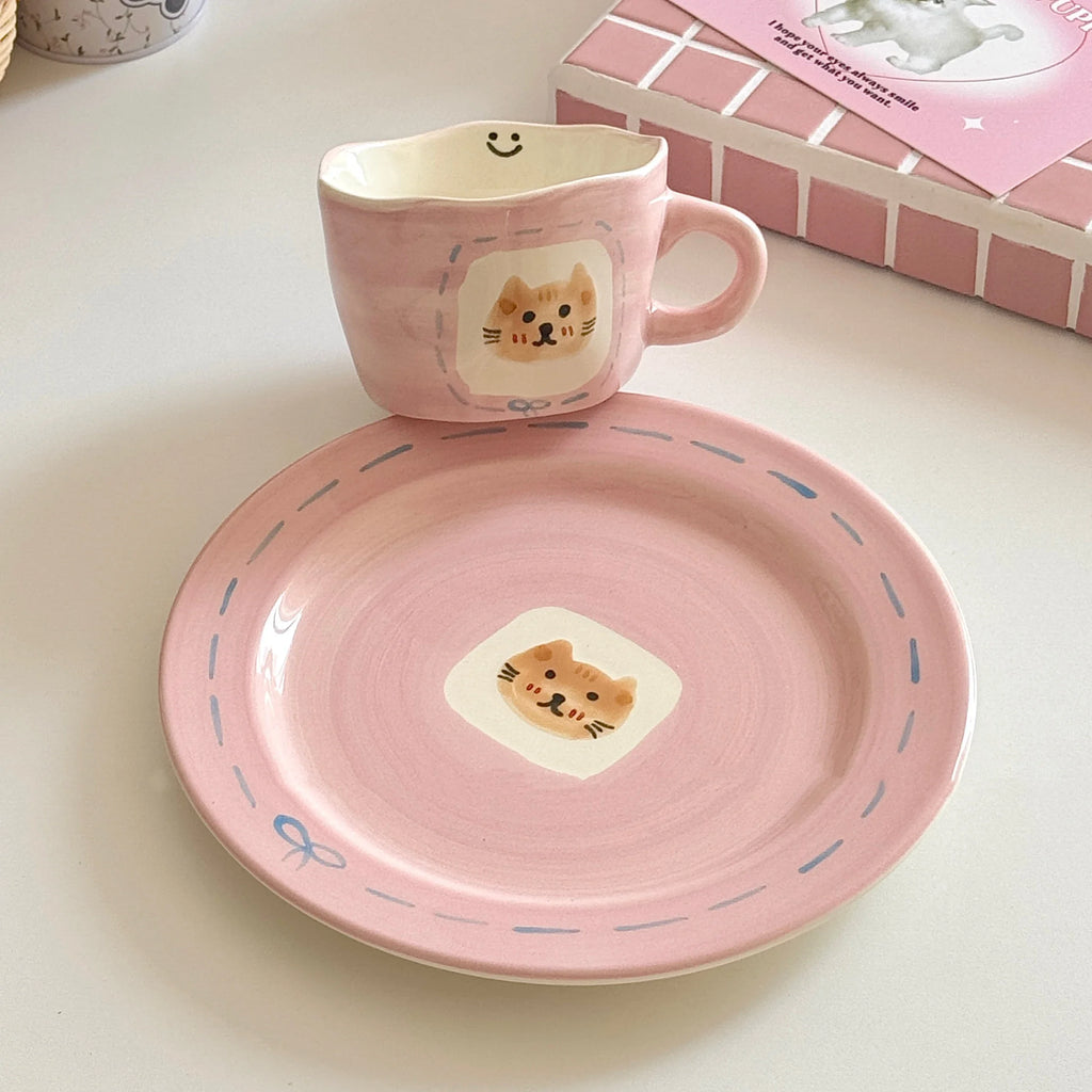 Cute Pink Hand Drawn Ceramic Line Bows 7.9 Inches Serving Plates