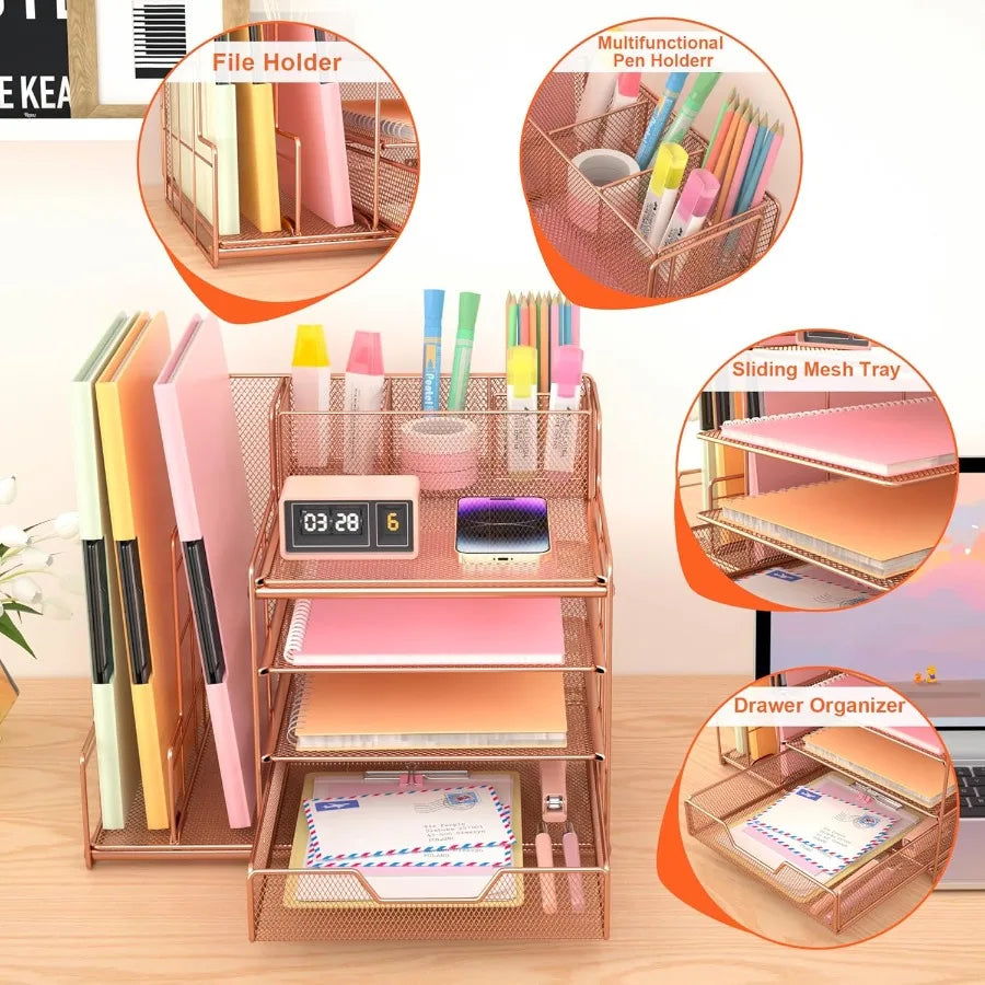 Rose Gold Desk Organizer Desk Organizers and Office Desk Accessories with Drawer + Vertical File Sorters Office Supplies