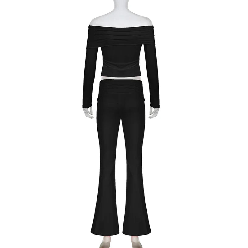 Slash Neck Top and Casual Pants Sets Women's Two Pieces Of Outfits Streetwear Solid Fashion Y2K Basic Slim Clothes