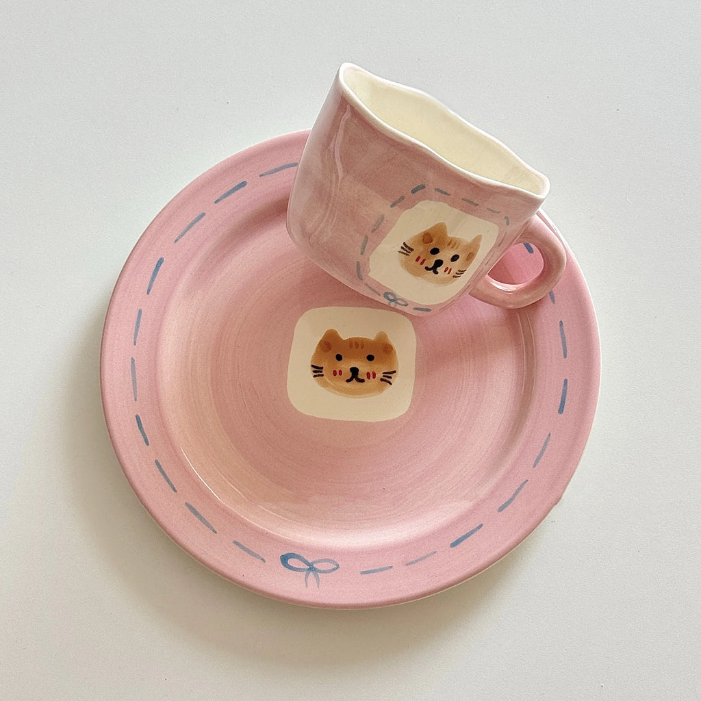 Cute Pink Hand Drawn Ceramic Line Bows 7.9 Inches Serving Plates