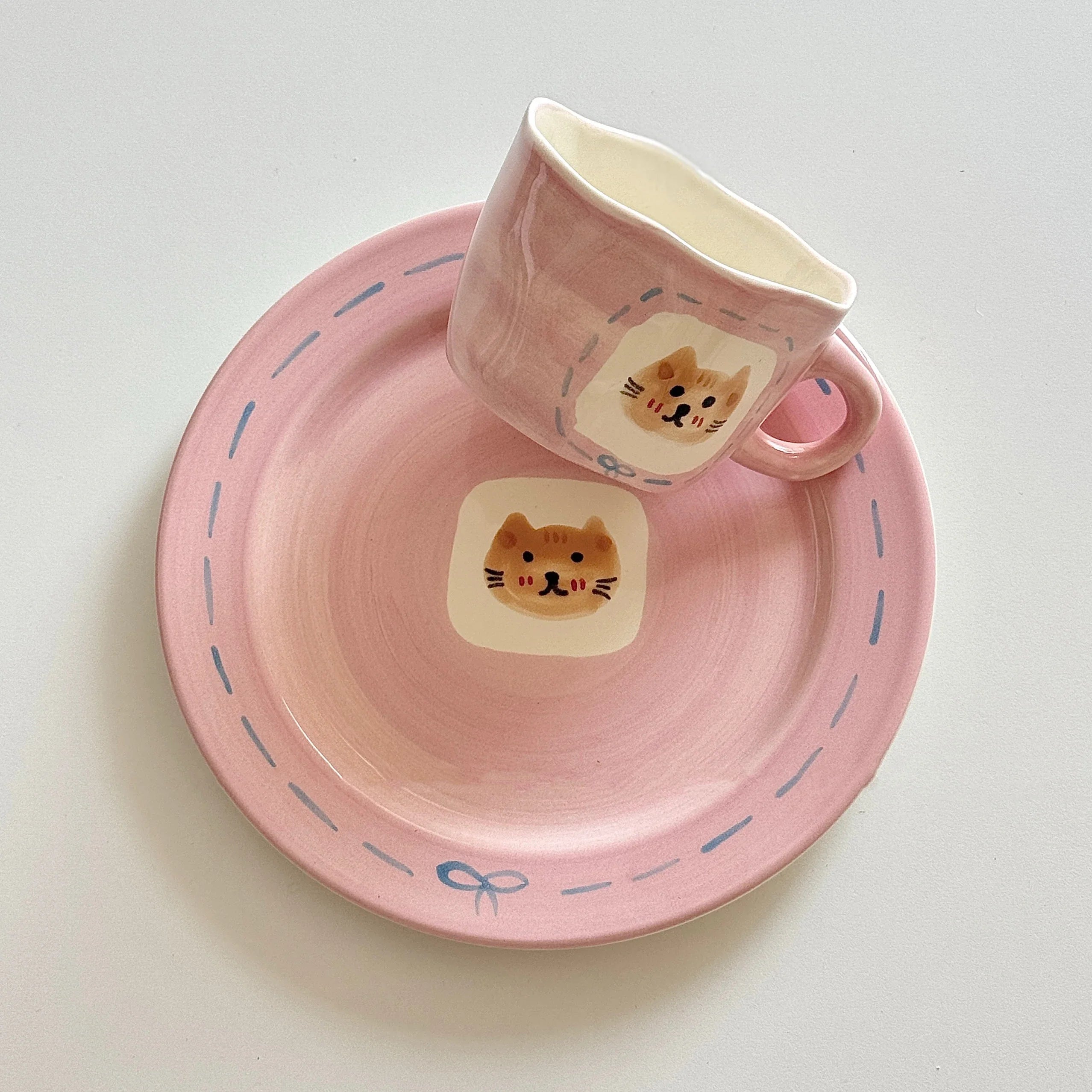 Cute Pink Hand Drawn Ceramic Line Bows 7.9 Inches Serving Plates