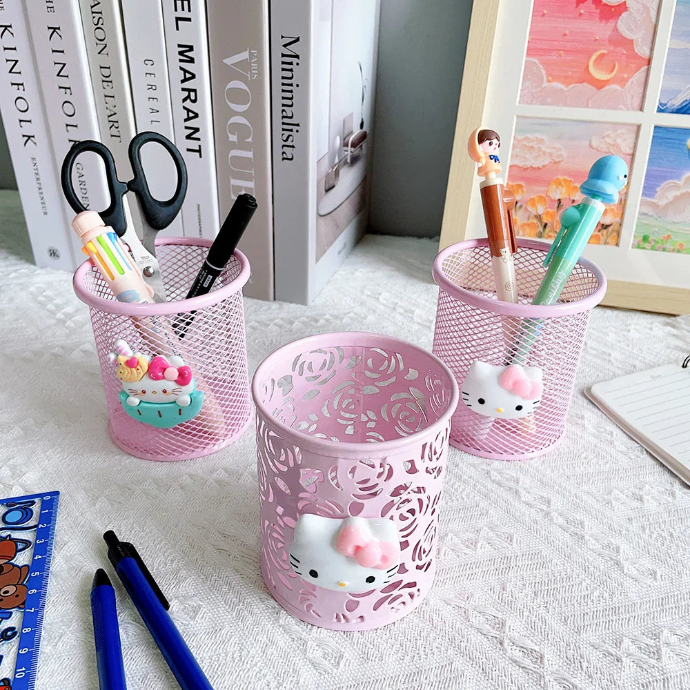 Sanrio Series Cute Hello Kitty Fashion Pen Holder Desktop Decorations Anime Fans Girl Creative Round Pen Holder