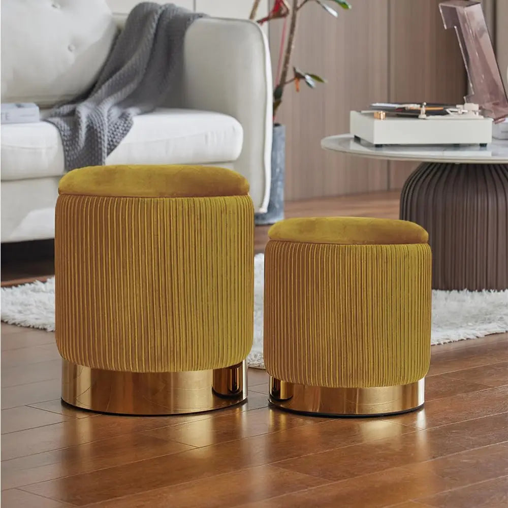 Round Ottoman with Storage Set of 2 Upholstered Velvet Vanity Stool for Living Room Ottomans Multifunctional Foot Rest