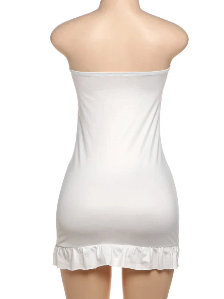 Metal Hearts Strapless Dress Women Fashion Print Sexy Cleavage Backless Skinny Peach Hip Mini Bodycon