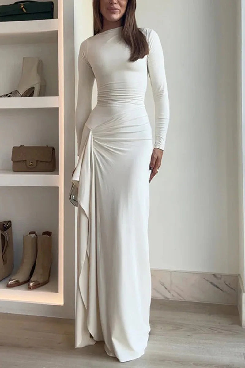 Elegant White Ruched Dresses Womens Long Sleeve Curvy Slit Evening Luxury Party Dress Winter Evening Black Gowns Red Prom Robe