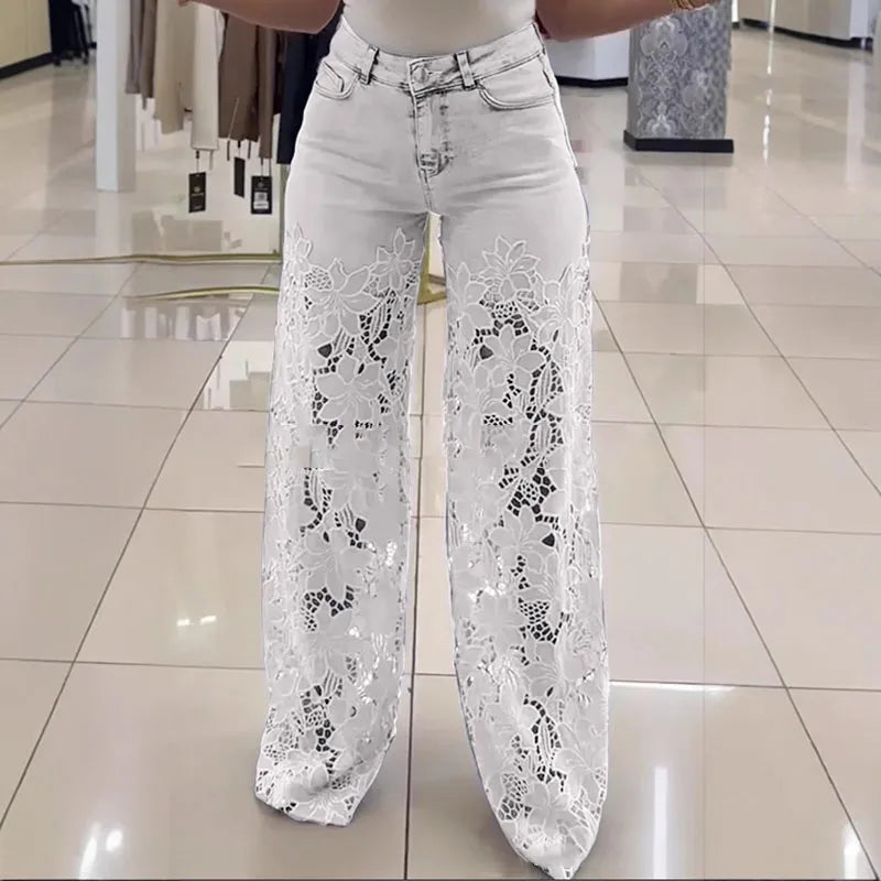 Vintage Hollow Out Lace Flowers Lady Jeans Loose Straight Denim Pants High Street Elegant Summer New Trousers Chic Fashion Pant