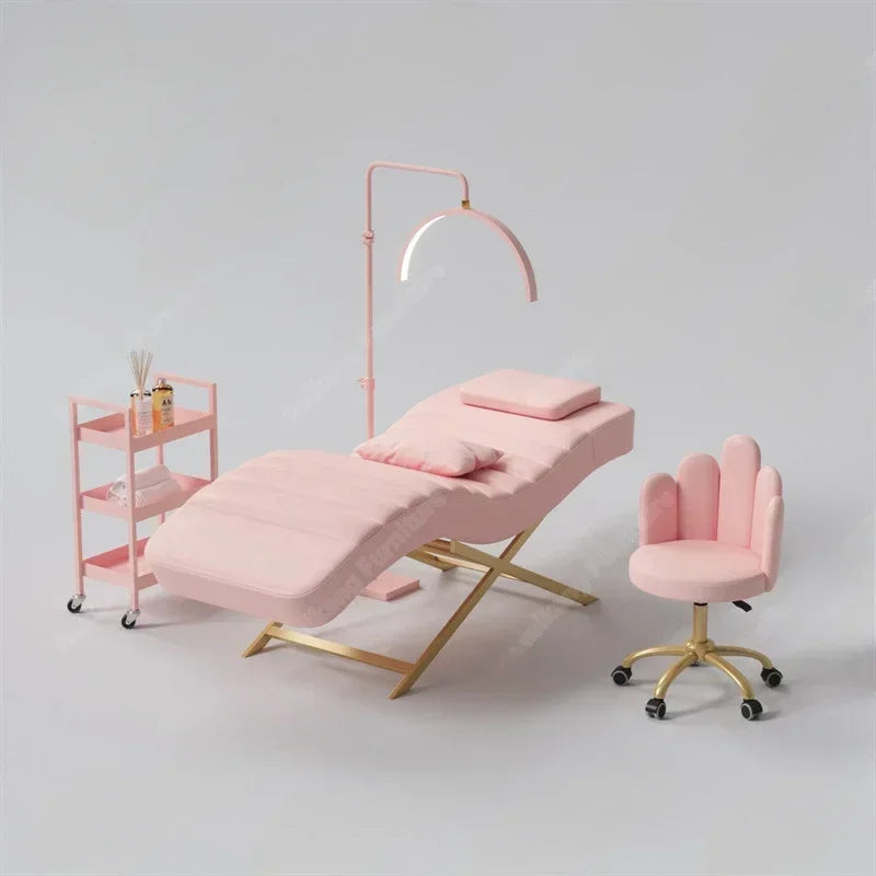 Luxury Salon Equipment Furniture Pink Gold Massage Table Set Modern Lay Down Eyelash Facial Bed