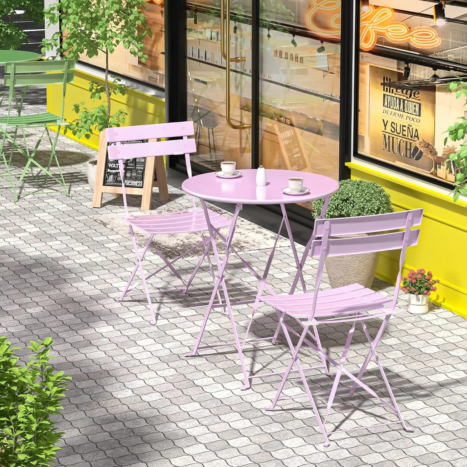 Set of 3 Piece Bistro Set, Folding Patio Furniture Set, Outdoor Table And Chairs Set For Patio, Garden, Balcony And Poolside, Pink