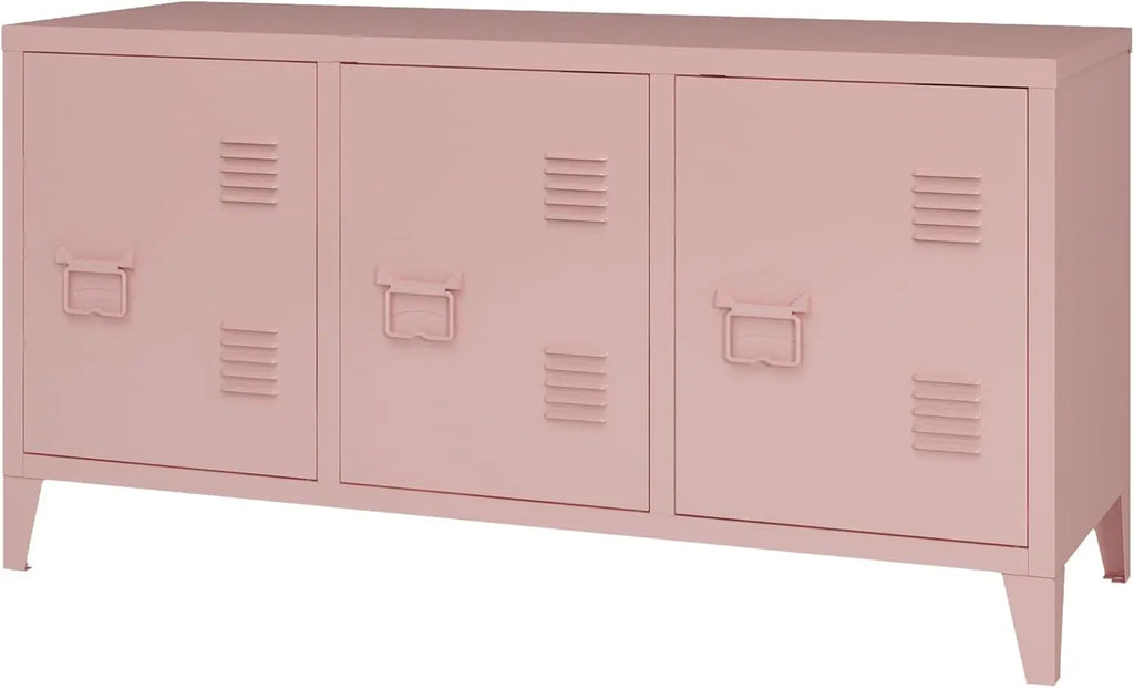 Pink TV Stand Metal TV Table With Storage Steel 3 Door Locker Cabinet For Living Room