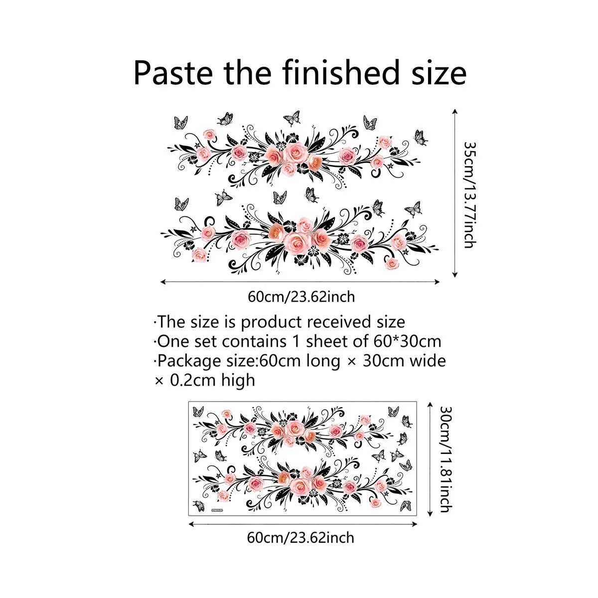 Pink Rose and Black Butterfly Glass Wall Sticker Cozy Living Room Bathroom Bedroom Double Sided Visible Self Adhesive Sticker