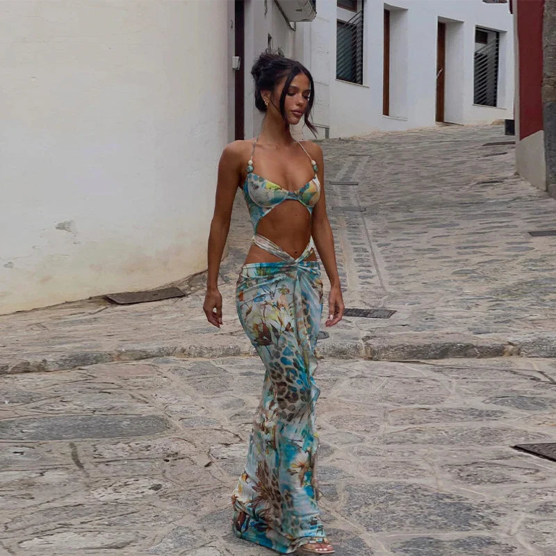 Women Sexy Printed Chic Sleeveless Hollow Out Halter Bodycon Mini Dress Ladies