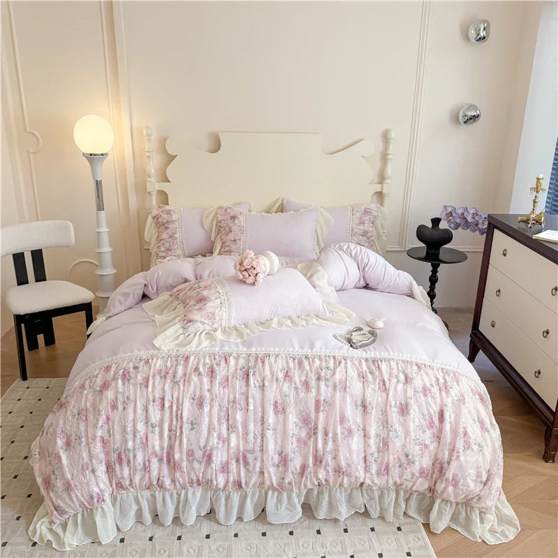 Princess Style Duvet Cover Sets with Lace Embroidery Bed Cover for Girls Queen/King Size Soft Pink Bedding with Ruffles