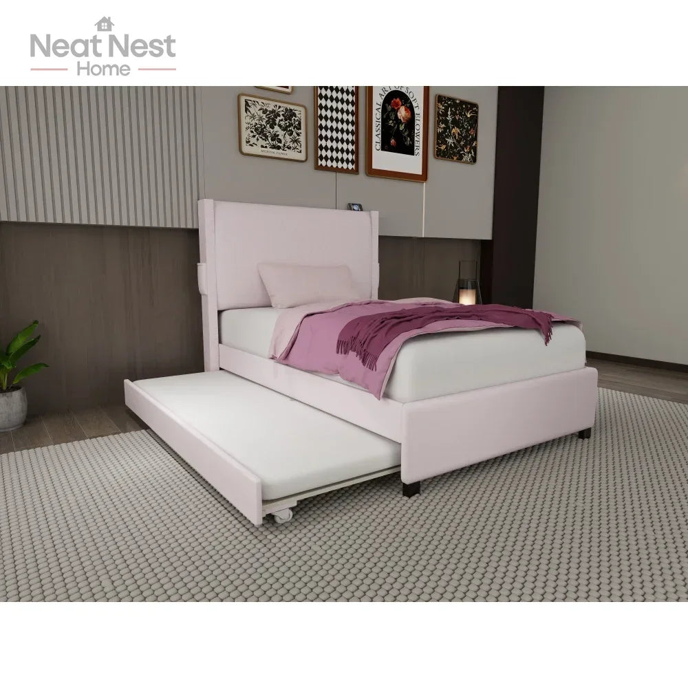 Pink Twin Size Bed Frame with Removable Trundle USB Functionality, Single Bed .Bedroom Furniture No Box Spring Required Bed Frame
